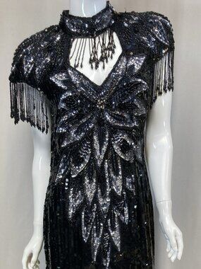 Niteline Black Sequined 100% Silk Formal Evening Gown Dress Size 10